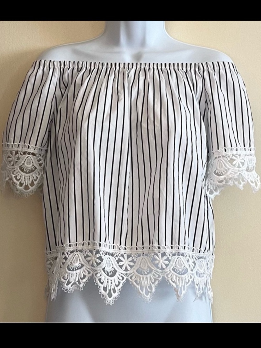 Ambiance Striped Off Shoulder Crochet Trim Top